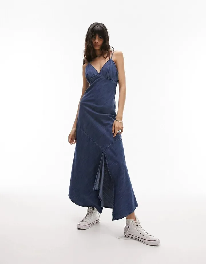 Topshop Y2K bias midi cotton blend denim dress in mid blue - MBLUE