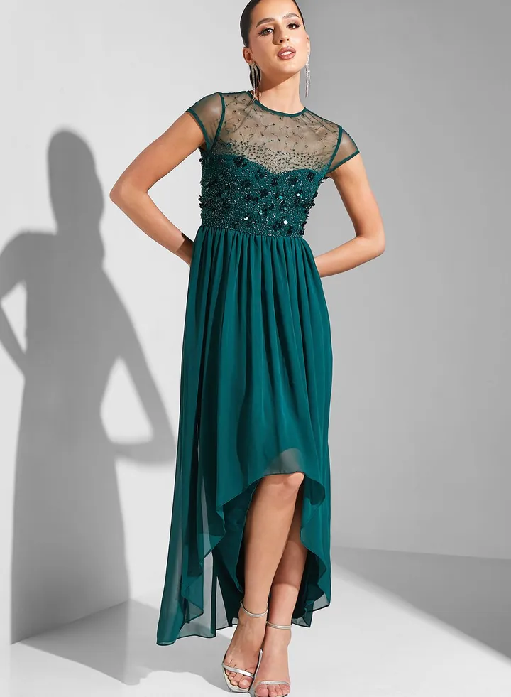 Hadia Ghaleb Mesh Insert Embellished Dress