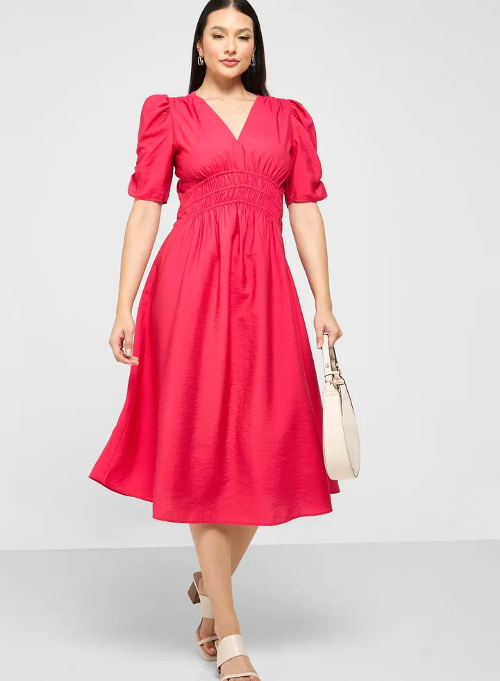 Puff Sleeve Elastic Detail Dress