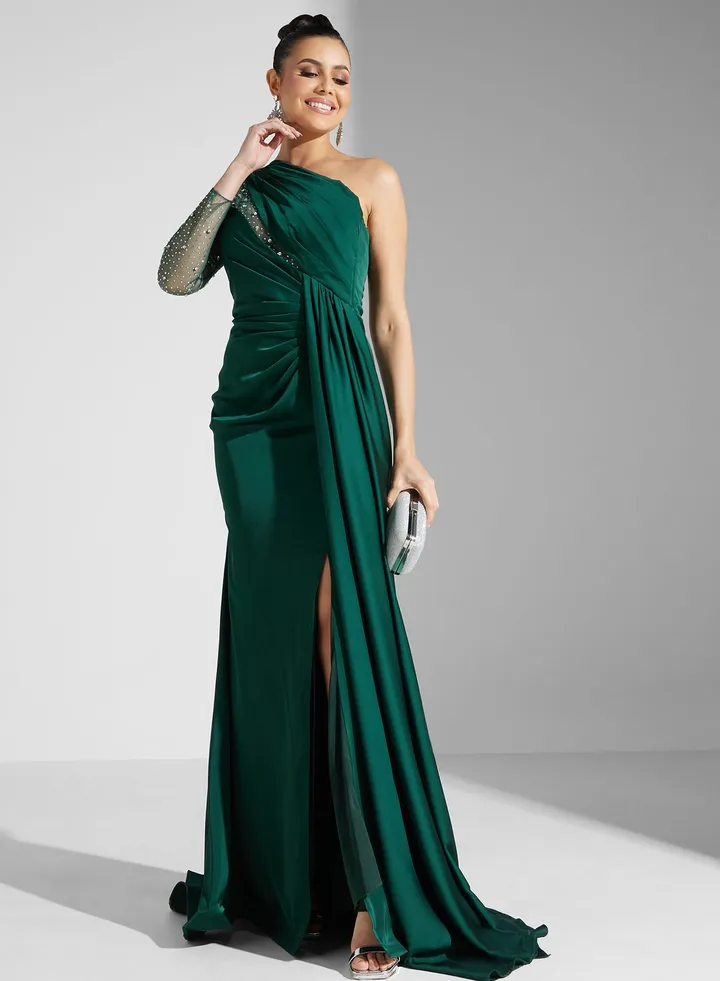 One Shoulder Satin Tiered Dress