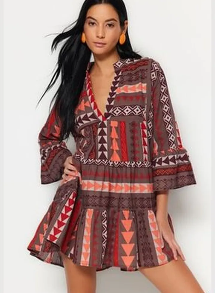 Geometric Pattern, Wide Fit Mini Weave 100% Cotton Beach Dress with Ruffles TBESS23EL00145.