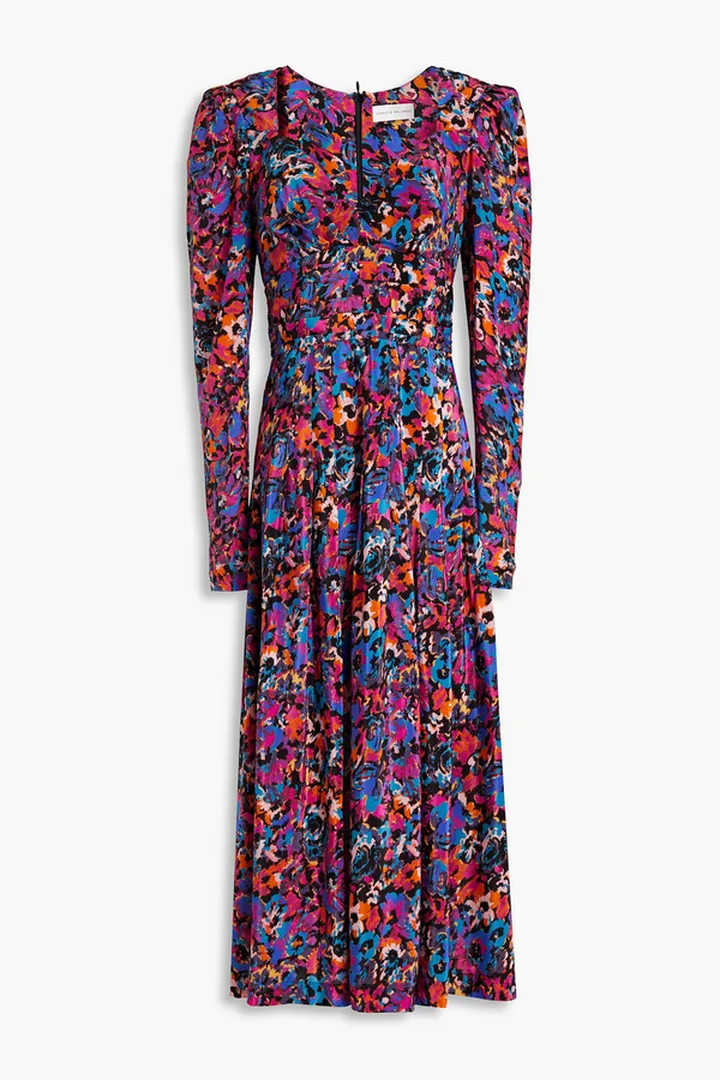 Pleated printed crepe de chine midi dress