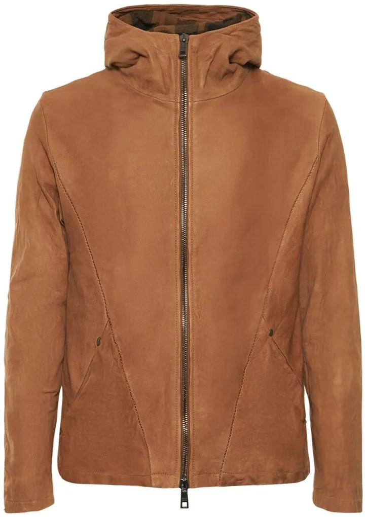 Brushed leather hooded jacket