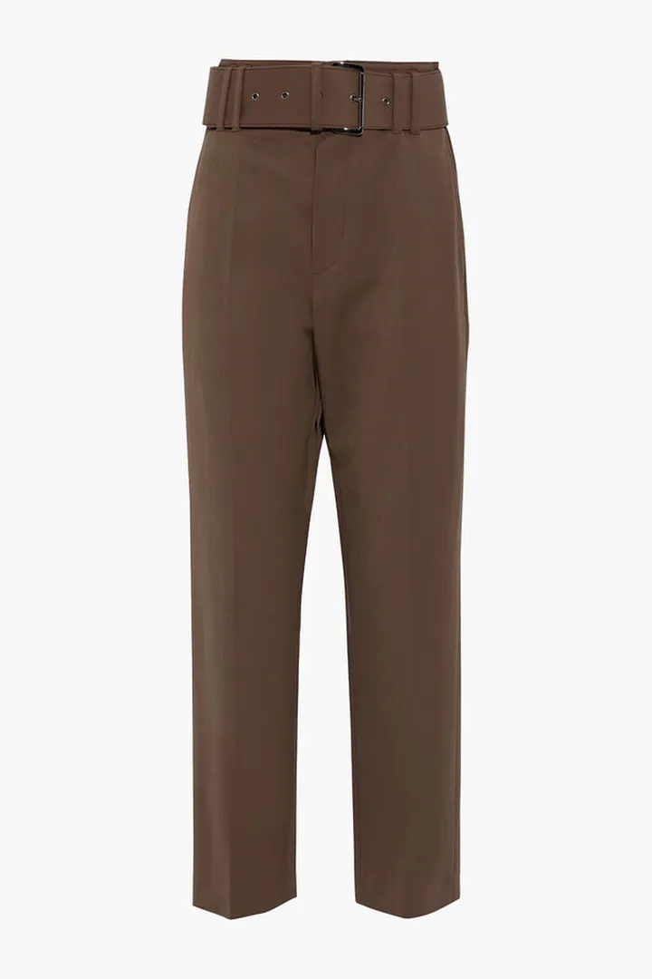 Cropped belted wool-blend twill straight-leg pants