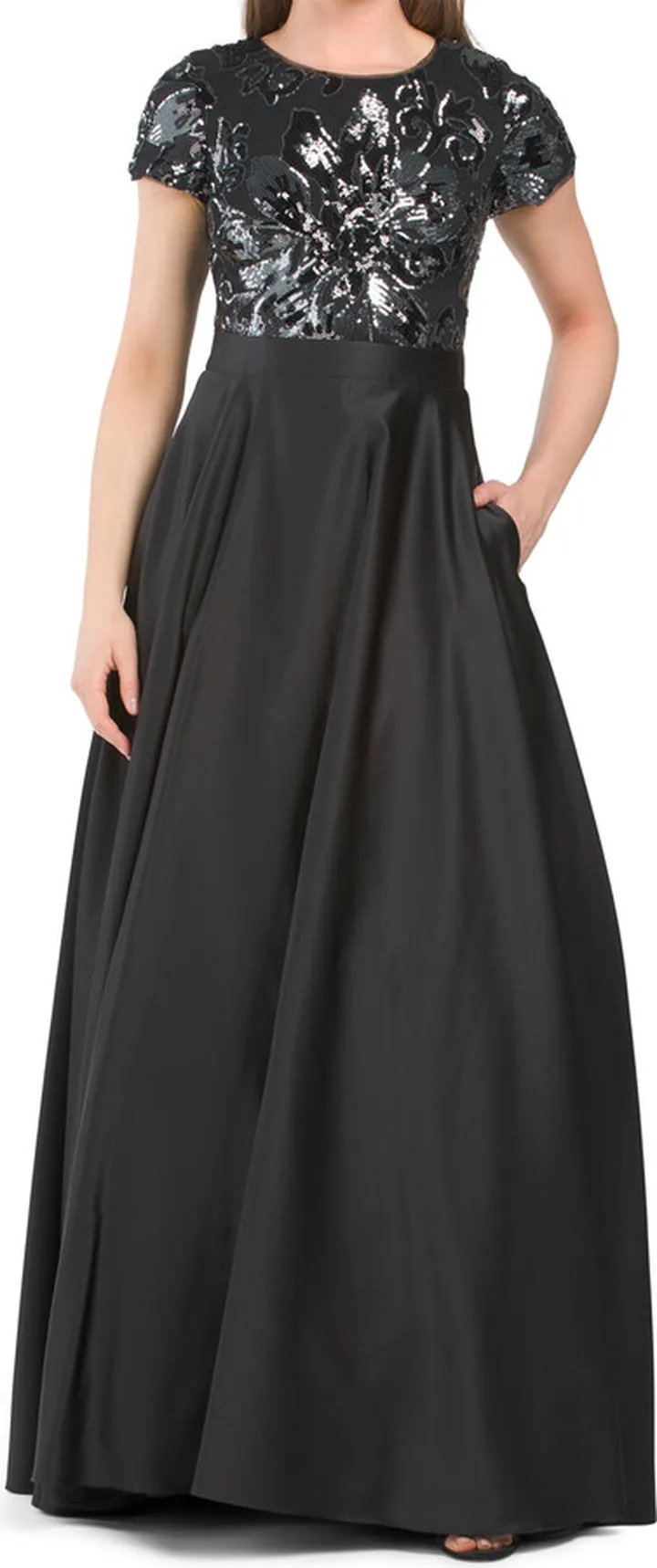 Made In Usa Short Sleeve Sequin Bodice Gown
