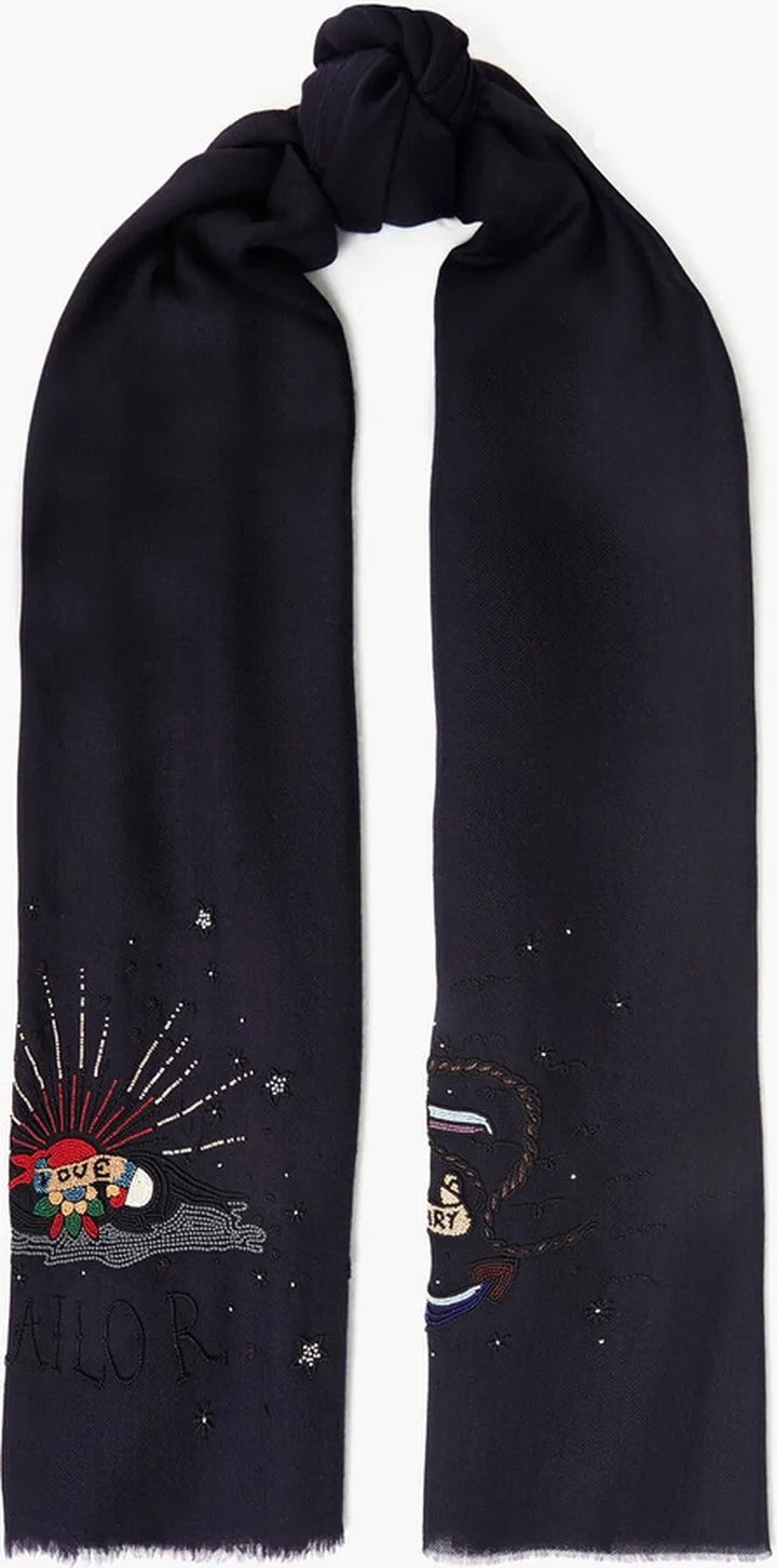 Embellished cotton and cashmere-blend twill scarf