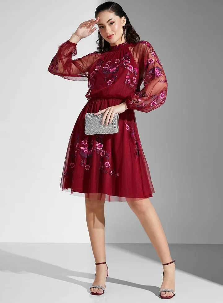 Balloon Sleeve High Neck Embroidered Dress