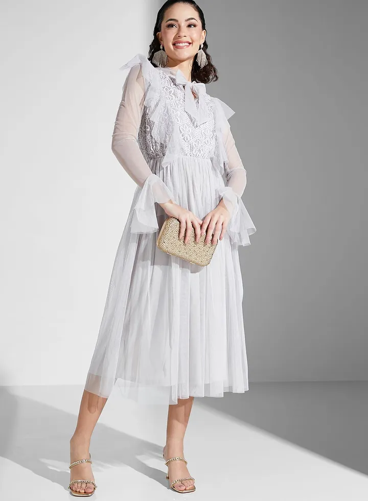 Tie Detail Mesh Tiered Dress