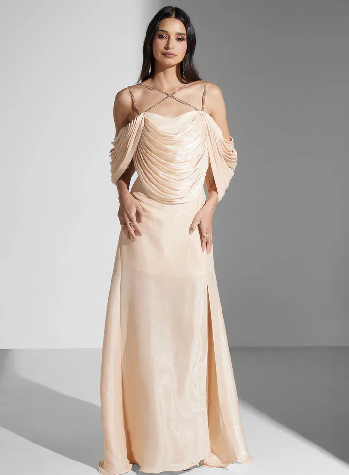 Off Shoulder Drapped Dress With Slit