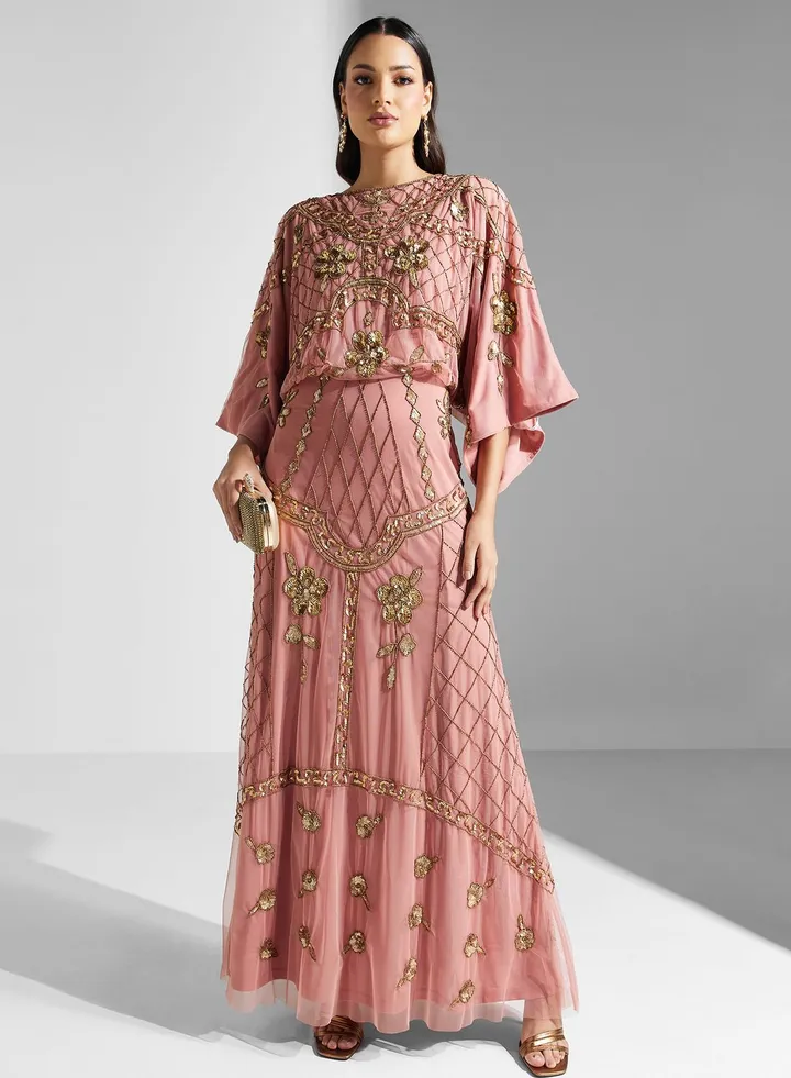 Floral Embellished Flared Sleeve Dress