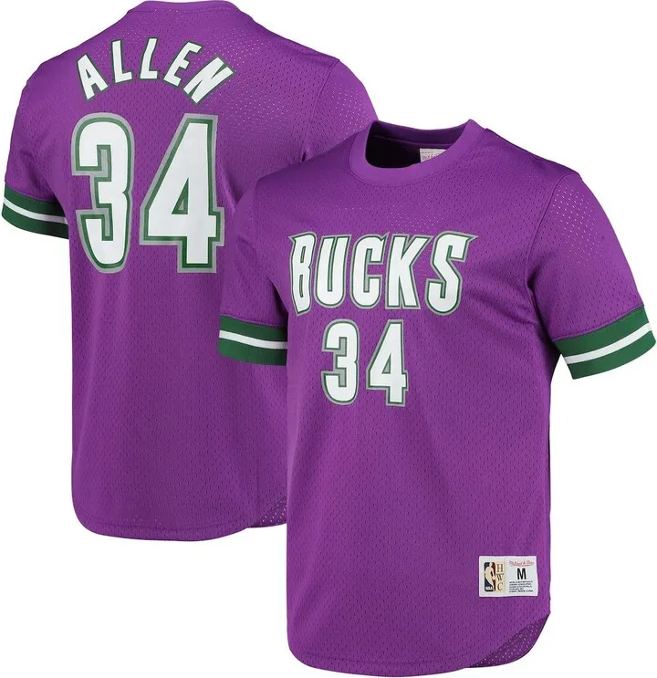 Men's Mitchell & Ness Ray Allen Purple Milwaukee Bucks 2000 Mesh Name and Number T-shirt
