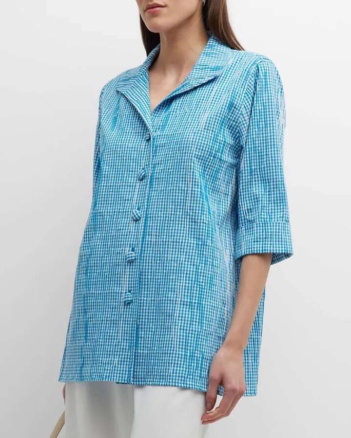 Crinkled Gingham Button-Down Shirt