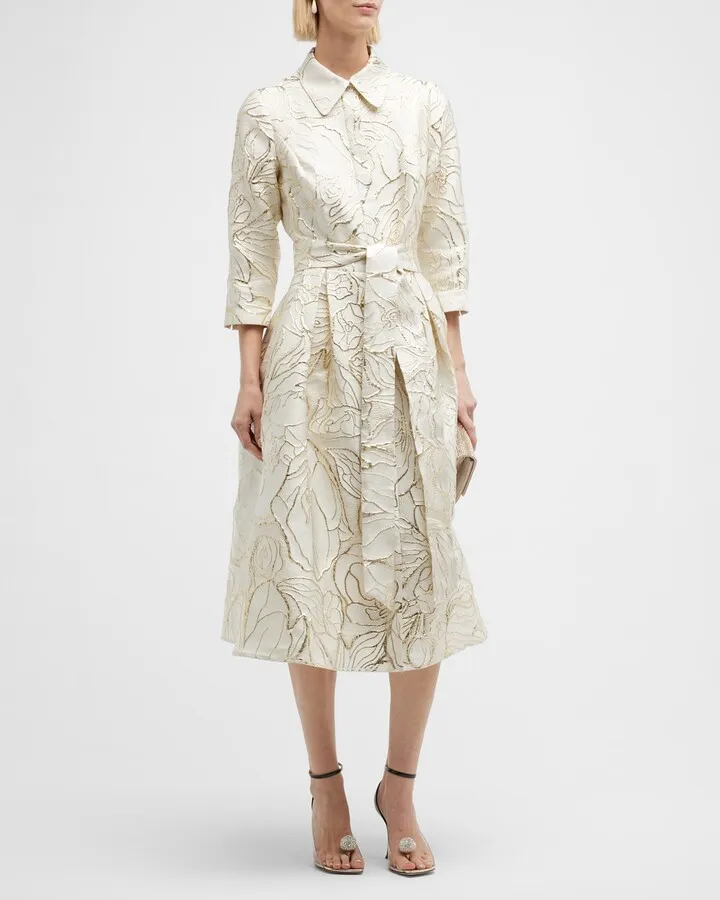 Pleated Floral Jacquard Midi Shirtdress