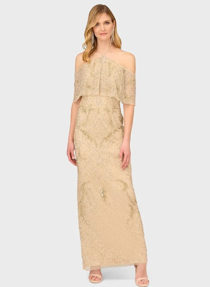 Cold Shoulder Side Slit Sequin Dress