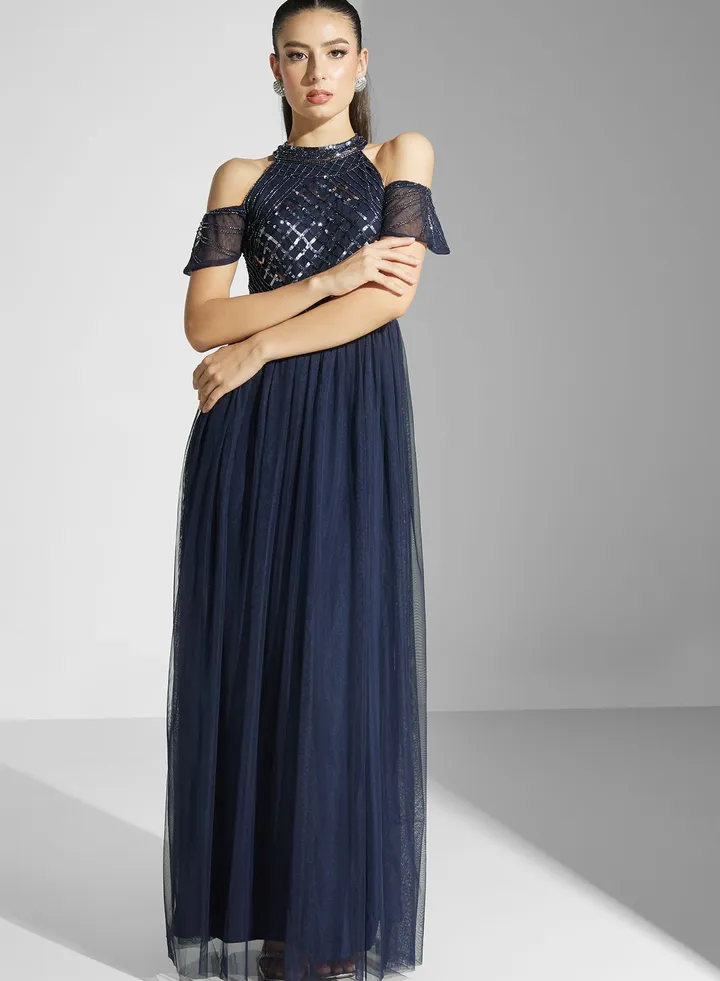 Cold Shoulder Embellished Maxi Dress