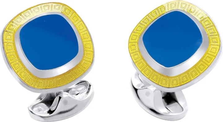 Deakin & Francis - Deakin & Francis Sterling Silver Cushion Shape Blue Enamel Cufflinks With Yellow Enamel Border