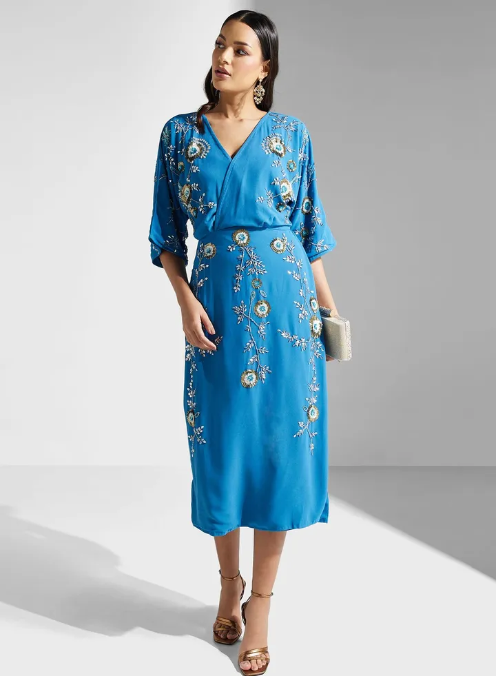 Floral Embellished Wrap Dress