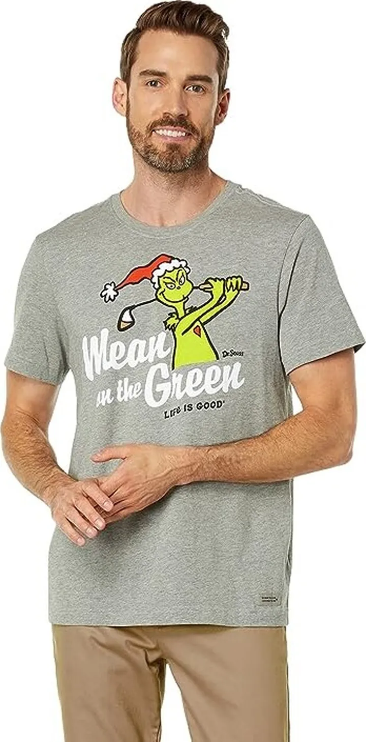Life is Good Grinch Golf Mean On Green Short Sleeve Crusher Tee (Heather Gray) Men's Clothing