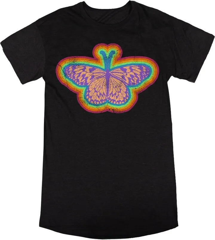 Multicolored Butterfly Crew Neck Short Sleeve Black Heather Women’s Night Shirt-Small