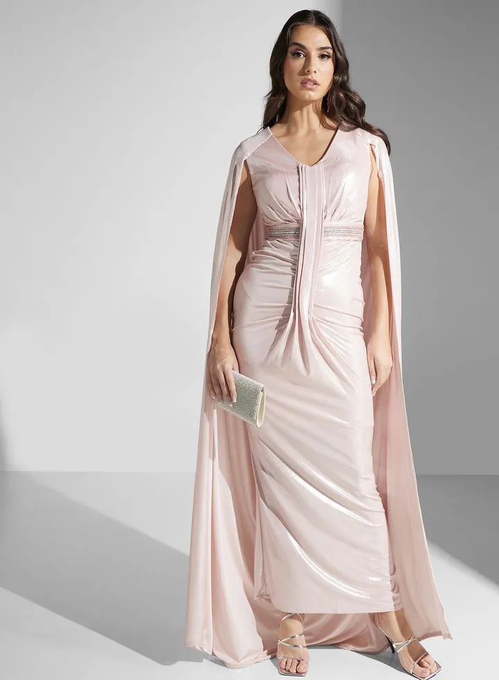 V-Neck Ruched Detail Satin Dress