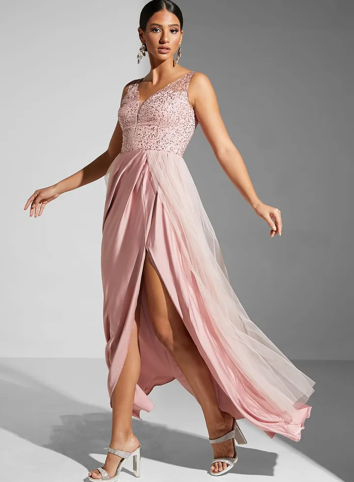 Maryam Plunge Neck High Slit Gown