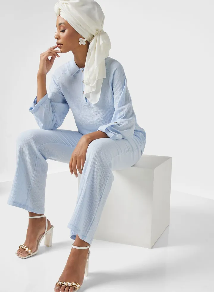 Belted Sleeve Detail Top And Pant Set