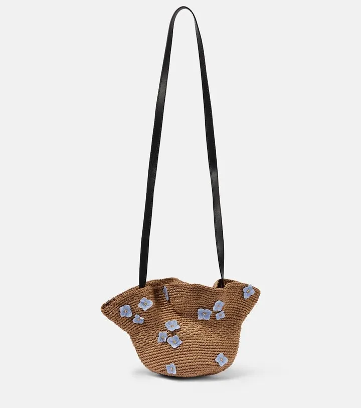 Floral applique raffia shoulder bag