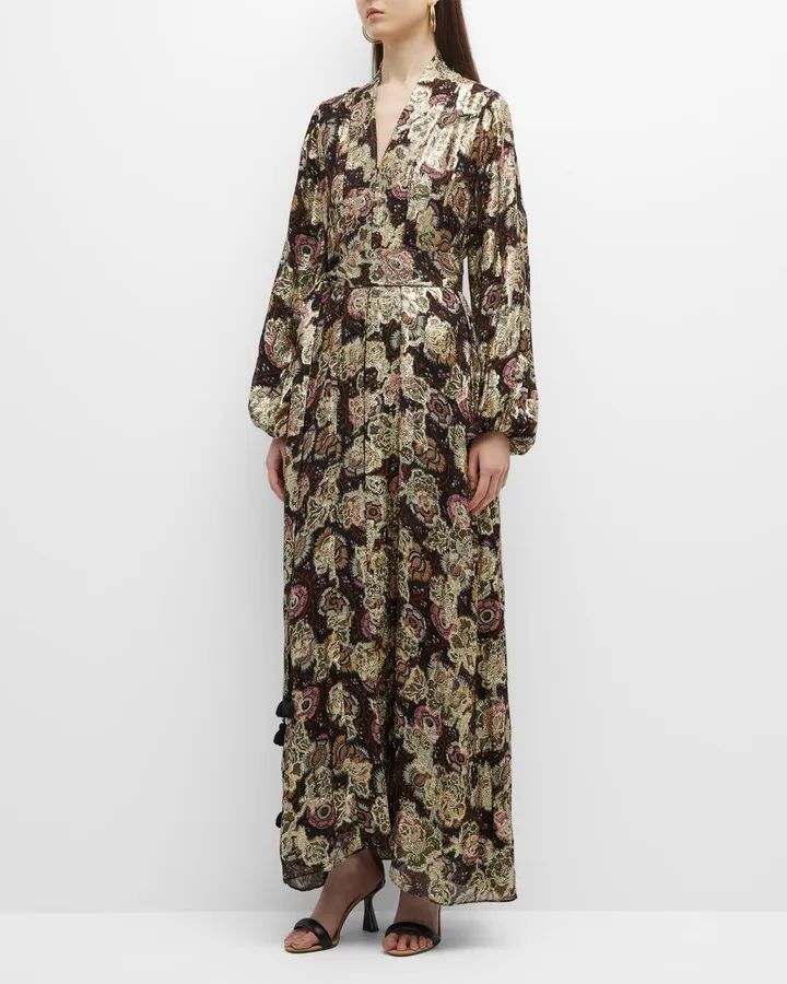 Solana Metallic Floral Jacquard Belted Maxi Dress
