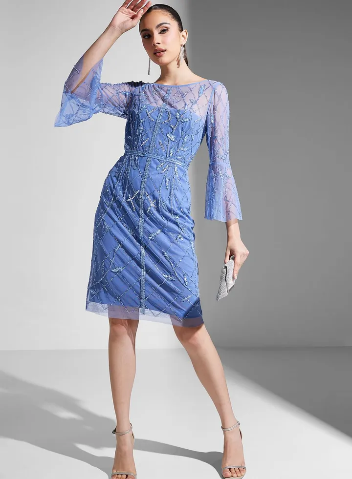 Mesh Flute Sleeve Embroidered Dress