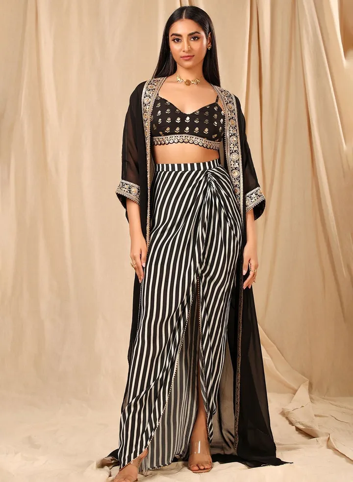 Lace Detail Kimono & Striped Pants Set