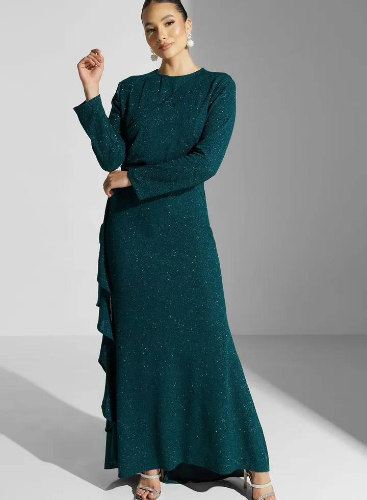 Ruched Detail Shimmer Dress With Ruffle