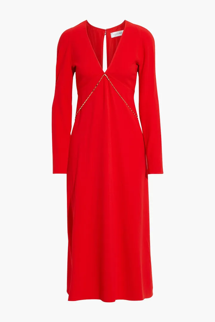 Open-back chain-embellished crepe midi dress