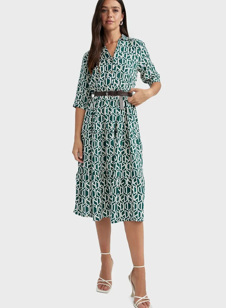 Printed Long Sleeve Shirt Dress