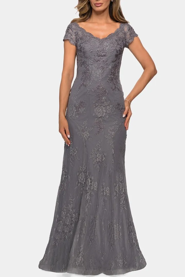 Short Sleeve Lace Evening Dress V Neckline
