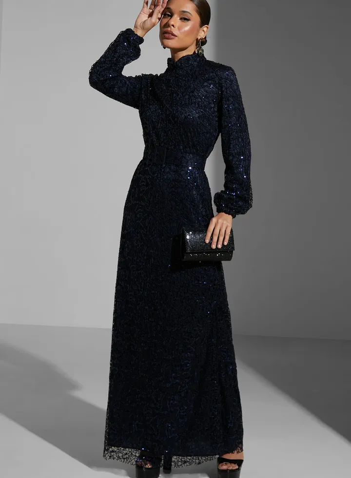 Shimmer Detail Belted Dress