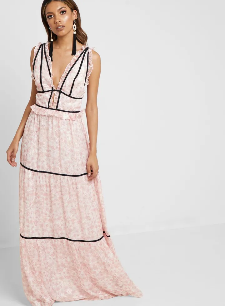 Piping Detail Lace Maxi Dress