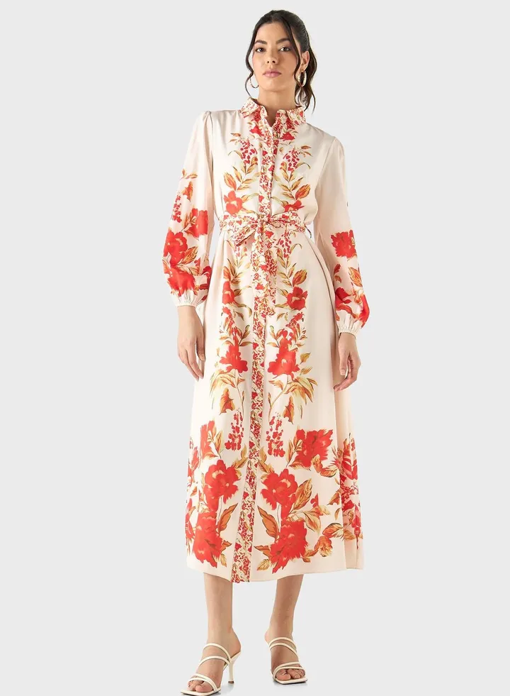 Floral Print Puff Sleeve Belted Dress
