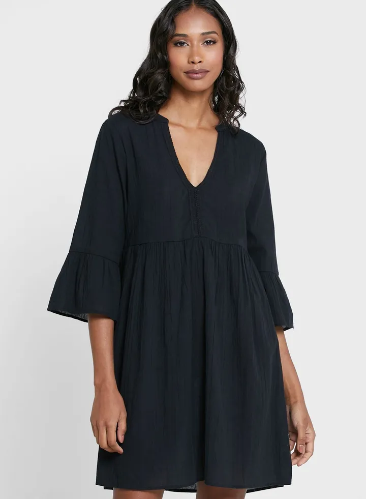 V-Neck Pleat Detail Dress