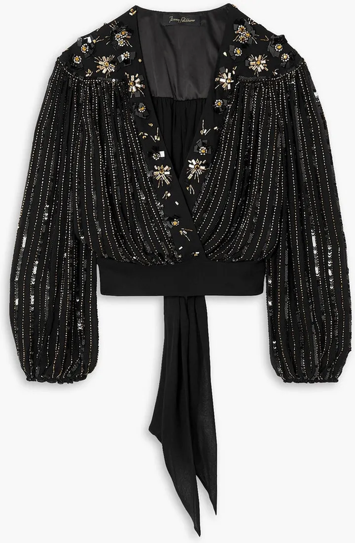 Night Rider embellished georgette wrap blouse
