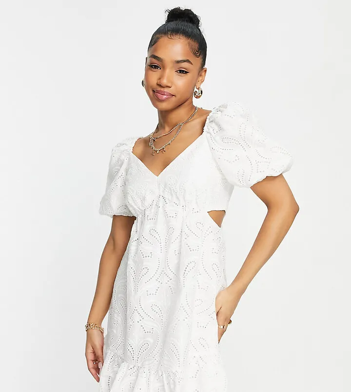 Ever New puff sleeve cut-out mini dress in ivory broderie