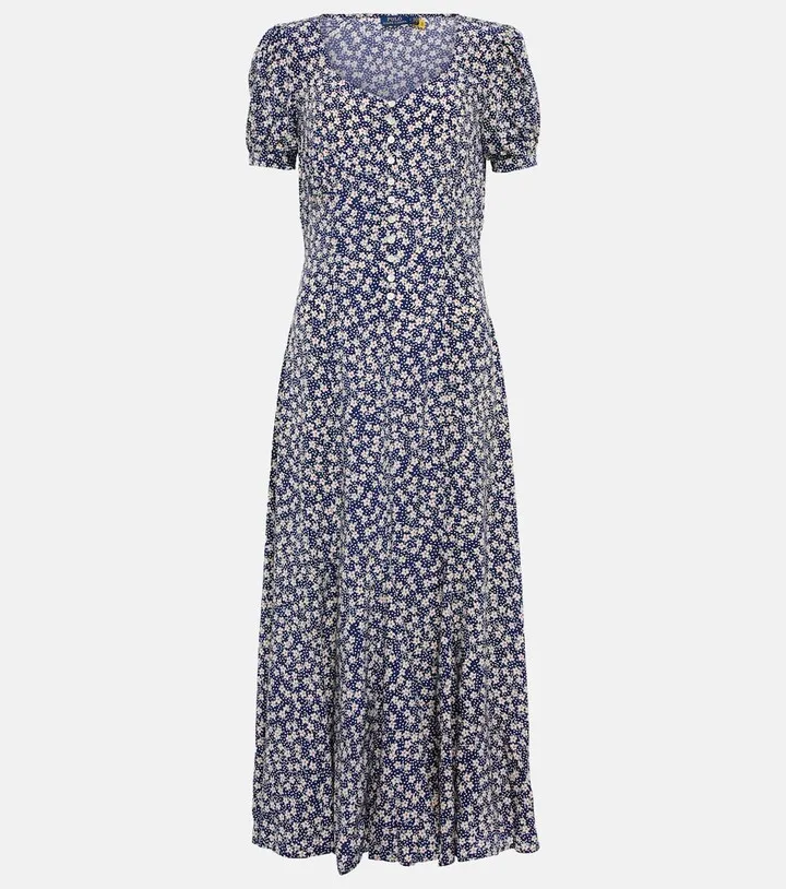 Floral puff-sleeve crepe midi dress