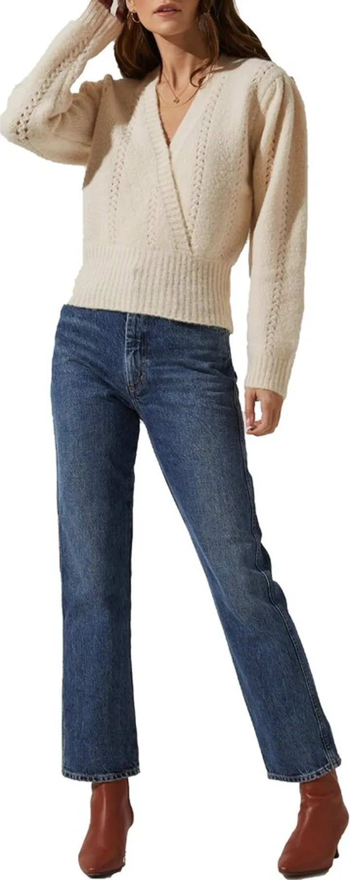 Womens Pointelle Knit V-Neck Sweater