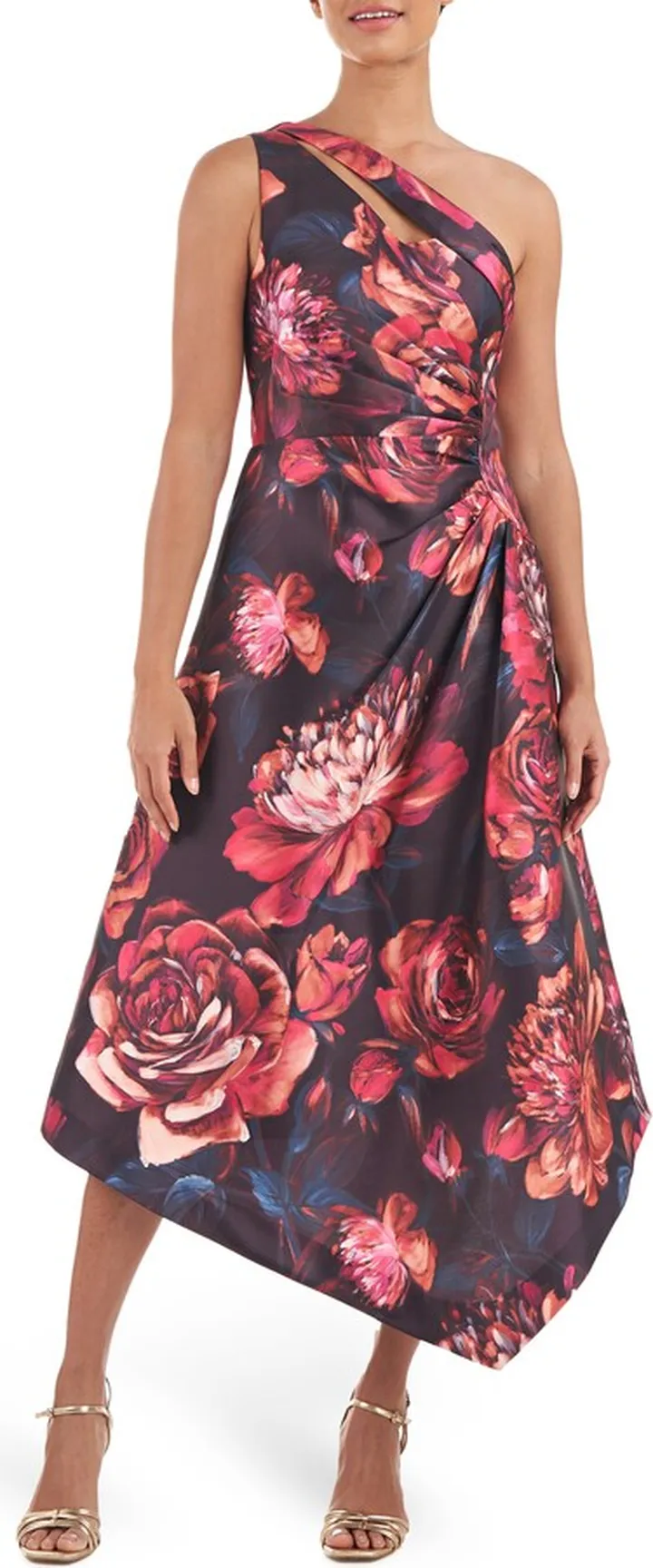 Iris Floral Print One-Shoulder Handkerchief Hem Midi Dress