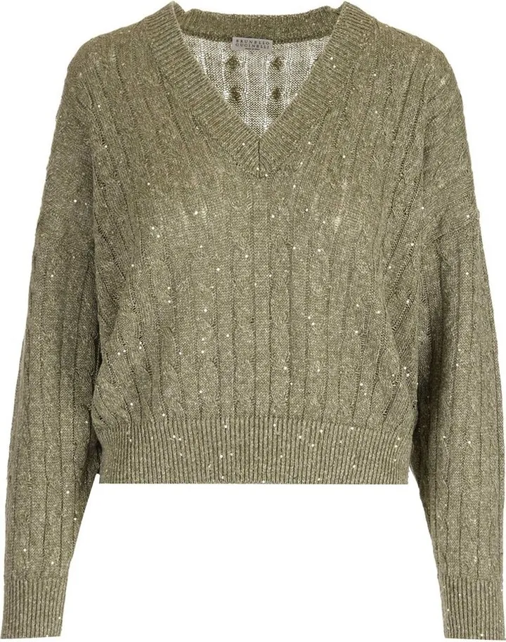 Brunello Cucinelli Sequin Cable-Knitted V-Neck Jumper