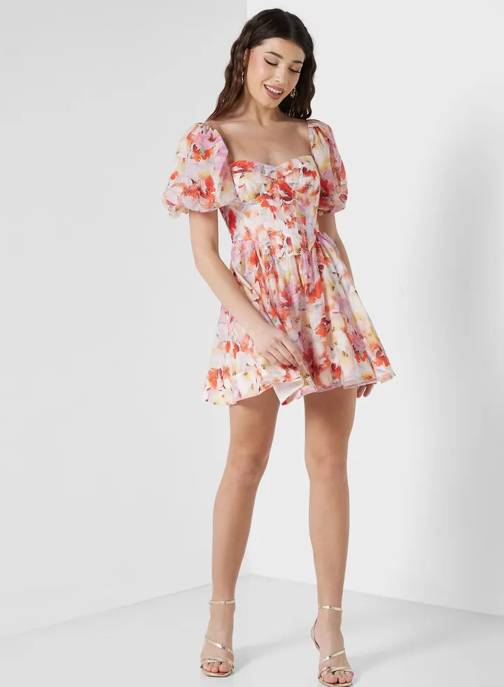 Puff Sleeve Floral Fdress