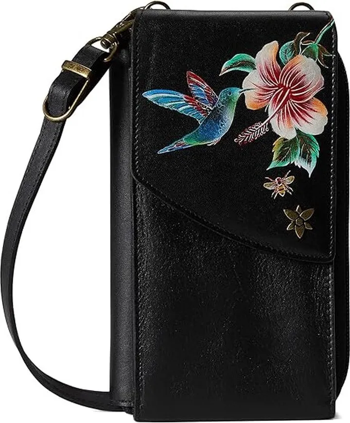 Anuschka Crossbody Phone Case 1173 (Hummingbird Black) Handbags