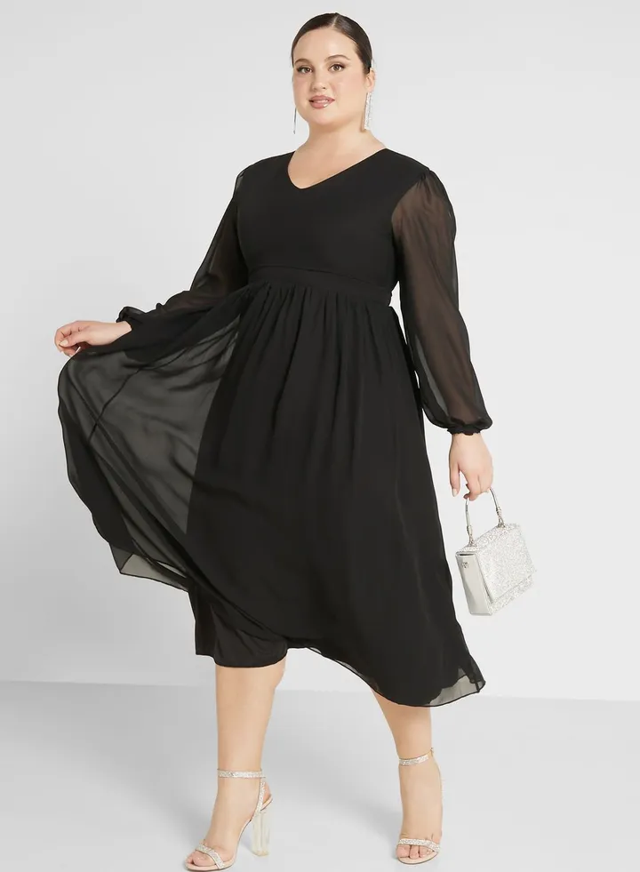 Mesh Sleeve Fit & Flare Dress