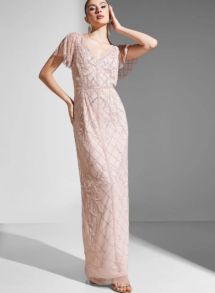 V-Neck Floral Embroidered Tiered Dress