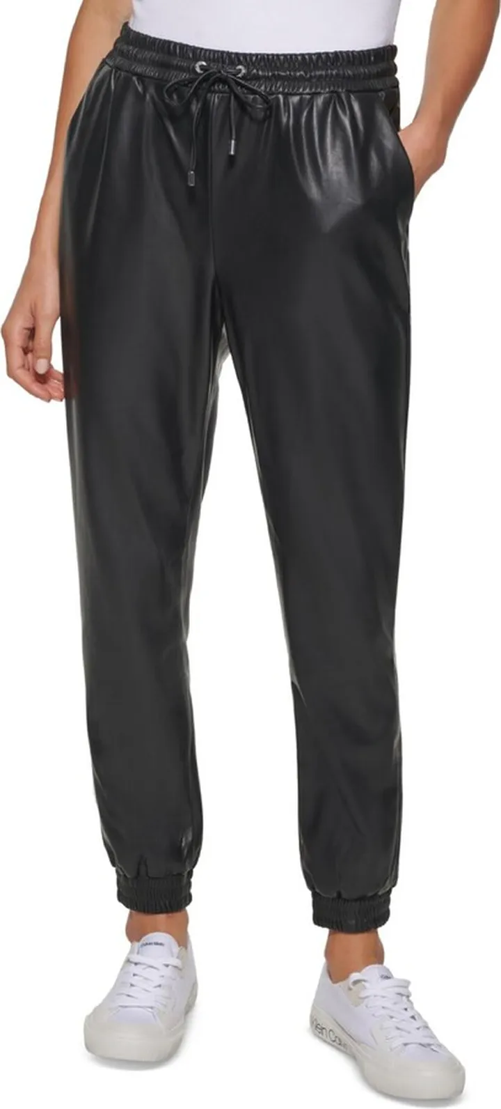 Womens Faux Leather Pocket Jogger Pants