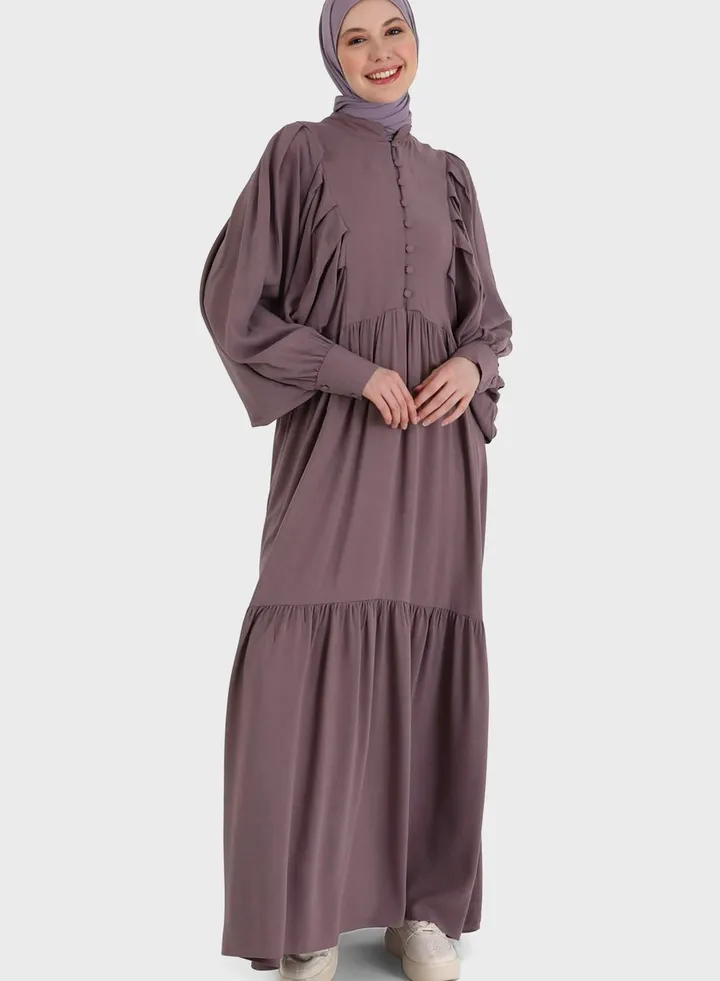 Balloon Sleeve Button Detail Dress